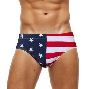 Mens American Flag Swim Briefs Stars and Stripes Padded Pouch Red White Blue S